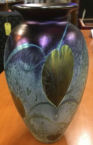 Vintage Okra Iridescent Vase Leaves Flora Signed
