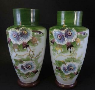 Antique French Legras Opaline Art Glass Pair H.  P.  Vases Japonesque Style