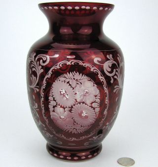 Vintage Czech Ruby Red Cranberry Cut To Clear Glass Etched Vase Poss.  Egermann