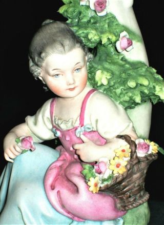 Antique Italy Deco Giuseppe Cappe Girl & Flowers Porcelain Candlestick Figurine