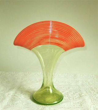 Vintage Kralik Bohemian Green Fan Vase With Bright Orange Reeding Threading