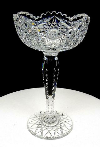 American Brilliant Cut Crystal Hobstar And Cane Notched Stem 9 3/4 " Compote 1896