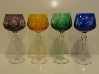 4 Vintage Bohemian Crystal Wine Glasses Multi - Color Cut To Clear Grape & Leaf