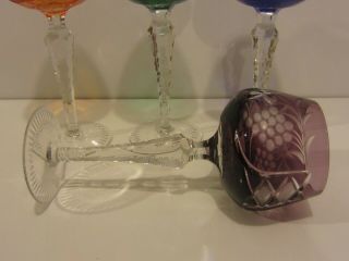 4 VINTAGE BOHEMIAN CRYSTAL WINE GLASSES MULTI - COLOR CUT to CLEAR GRAPE & LEAF 8