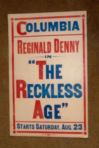 1924 Silent Film,  The Reckless Age,  Reginald Denny,  14x22 Cardboard Poster