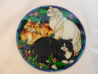 3 Cats Round Stained Glass Suncatcher Hand Made Ready To Frame And Hang