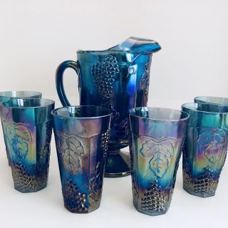Vintage Carnival Indiana Glass Pitcher 6 Tumblers Grape Harvest Blue Iridescent