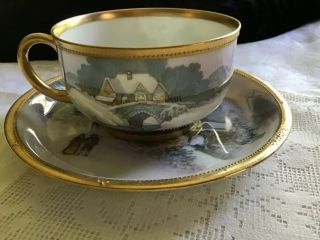 Rare Antique Dresden China Colorful Winter Scene Cup And Saucer