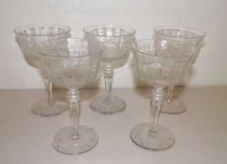 Set Of 5 Vintage Etched Glasses Leaves Pattern Water Wine Goblet 6 " Tall