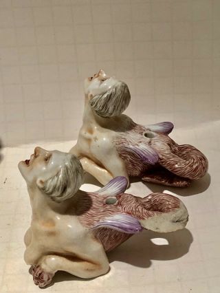 Pair Antique German Porcelain Figural Mermaid Cane ? Vase Handle Mounts 7