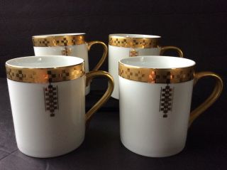 Tiffany Frank Lloyd Wright 4 Coffee Cups Imperial White Gold Trim 1992 Japan