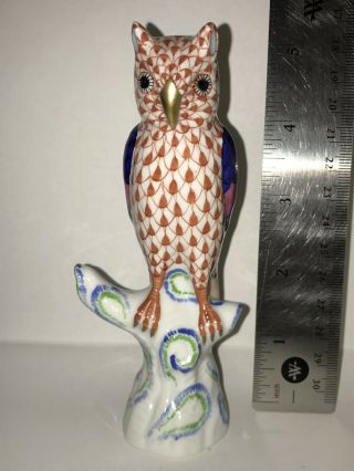 Vintage Herend Rust Fishnet Owl On Branch Hand Painted Porcelain 5 - 1/4 " T