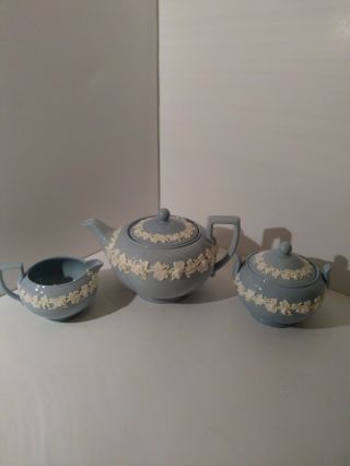Wedgwood Queensware Jasperware Blue Teapot,  Sugar And Creamer Etruria Barlaston