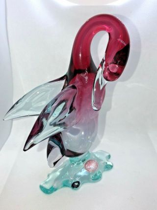 Vintage Mid Century Seguso Murano Glass Bird Duck Turquoise Cranberry Colors 7in