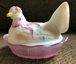 Fenton Glass Hand Painted And Signed Hen On Nest Candy Dish