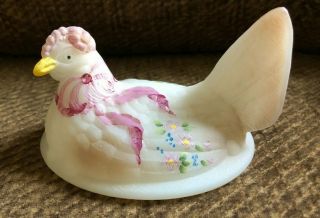 Fenton Glass Hand Painted and Signed Hen on Nest Candy Dish 8