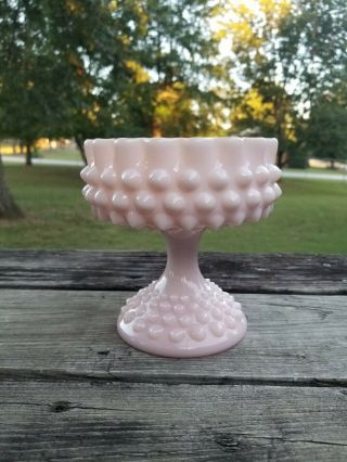 Vintage Mid Century Fenton Pink Hobnail Milk Glass Compote Wedding Pedestal Dish