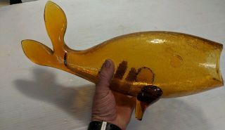 Huge 18 " Amberina Color Blenko Crackle Art Glass Fish,  Mid Century Vase