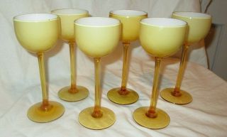 6 Italian Carlo Moretti Murano Amber White Cased Glass Long Stem Wine 6 - 1/2 " Tall