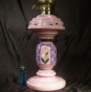 Antique Pretty Oil Lamp Enamelled Pink Opaline Glass Not Mary Gregory C1890