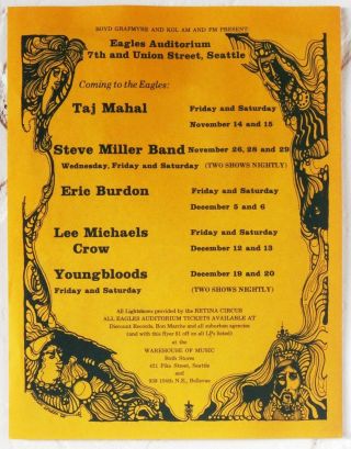 Eric Burdon Steve Miller Taj Mahal Eagles Auditorium Seattle 1969 Concert Flyer