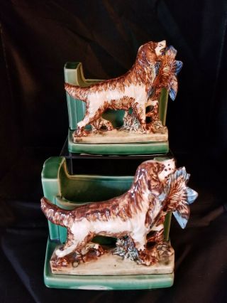 Vintage Mccoy Pottery Hunting Dog Bookend Planters - Rare - Signed - Dog With Bi