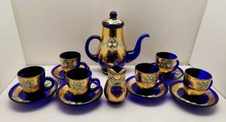 Rare Egermann Czech Bohemian Cobalt Blue Glass Demitasse Teapot Cups Saucers Set
