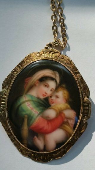 Antique Hand Painted Kpm Style Plaque With Hallmarked 10k Frame And 10k Chain
