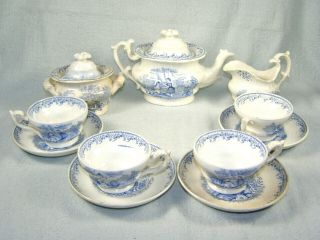 19thc Childrens Staffordshire Blue Transfer Tea Set - Teapot,  C&s,  4 Cups Saucer