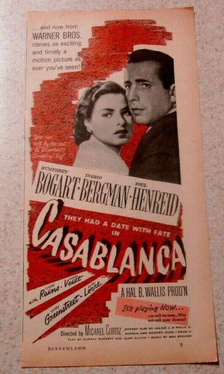 1943 Casablanca Print Ad Humphrey Bogart - Ingrid Bergman - Max Steiner