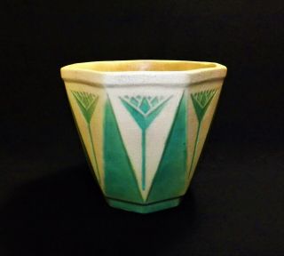 Antique Art Pottery Planter Unusual Green Tulip In Relief 8 Side Geometric Shape