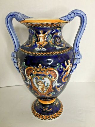 Vintage Gien France Merman Renaissance Fond Bleu Vase Gold And Blue Gorgeous