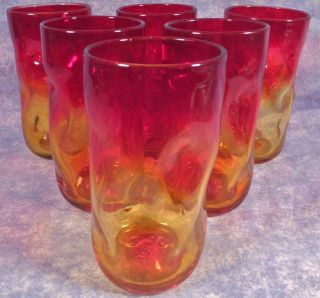 Set Of 6 Mcm Blenko Art Glass Indented 418 - L 6 " Amberina Beverage Tumblers