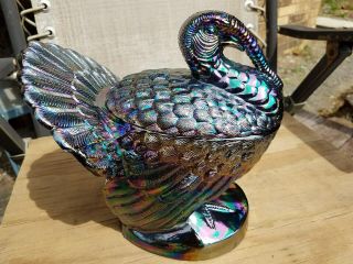 L G Wright Carnival Glass Amethyst Large Turkey Covered Bowl