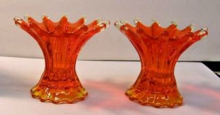 Vintage 1960 ' s FOSTORIA HEIRLOOM Amberina Orange Candle Holders - set of 2 2