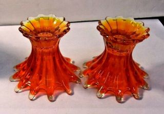 Vintage 1960 ' s FOSTORIA HEIRLOOM Amberina Orange Candle Holders - set of 2 4