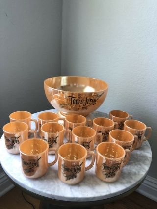 Fire King Tom & Jerry Lustre Ware Peach Punch Bowl Set W/ 13 Cups And Stand
