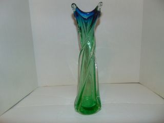 Murano Glass Sommerso Vase Twisted Blue To Green To Clear Crown Top 14.  5 " T T65