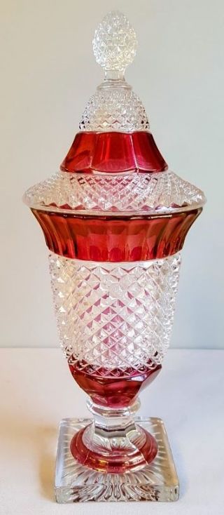 Rare Westmoreland English Hobnail 15 " Tall Candy Urn,  Clear With Ruby Flash 1940