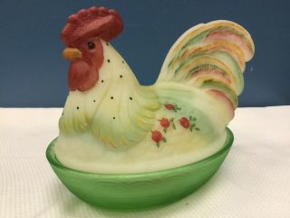 Fenton Hand Painted & Signed Hen Rooster On Nest Art Glass Covered Dish