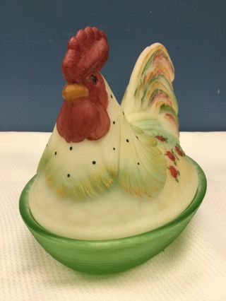 Fenton Hand Painted & Signed Hen Rooster On Nest Art Glass Covered Dish 2