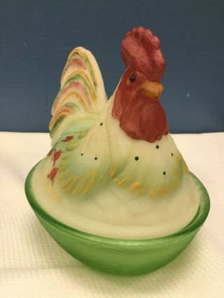 Fenton Hand Painted & Signed Hen Rooster On Nest Art Glass Covered Dish 3