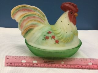 Fenton Hand Painted & Signed Hen Rooster On Nest Art Glass Covered Dish 4
