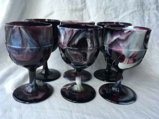6 Atterbury Purple Slag Wine Glasses Antique Rare