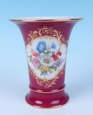 Vintage Meissen 1st Quality Dresden Flowers Maroon & Gold Trumpet Vase Porcelain