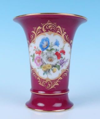 Vintage Meissen 1st Quality Dresden Flowers Maroon & Gold Trumpet Vase Porcelain 2