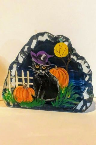 Fenton Heavy Large Paperweight Black Cat On Halloween Night Ooak Rachelle