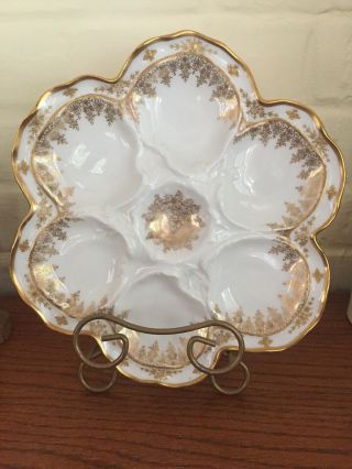 Vintage LRL L.  R.  L.  Limoges France Oyster Plate White Porcelain Gold Trim 2