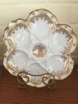 Vintage LRL L.  R.  L.  Limoges France Oyster Plate White Porcelain Gold Trim 3