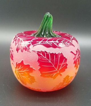 Blenko Glass Pumpkin Hand Carved With Fall Leaves